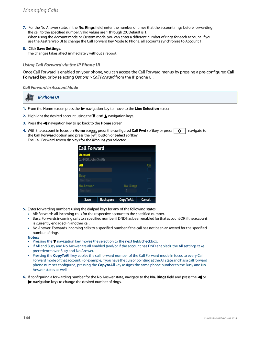 Aastra Telecom 6867i SIP manual Using Call Forward via the IP Phone UI, Call Forward in Account Mode 