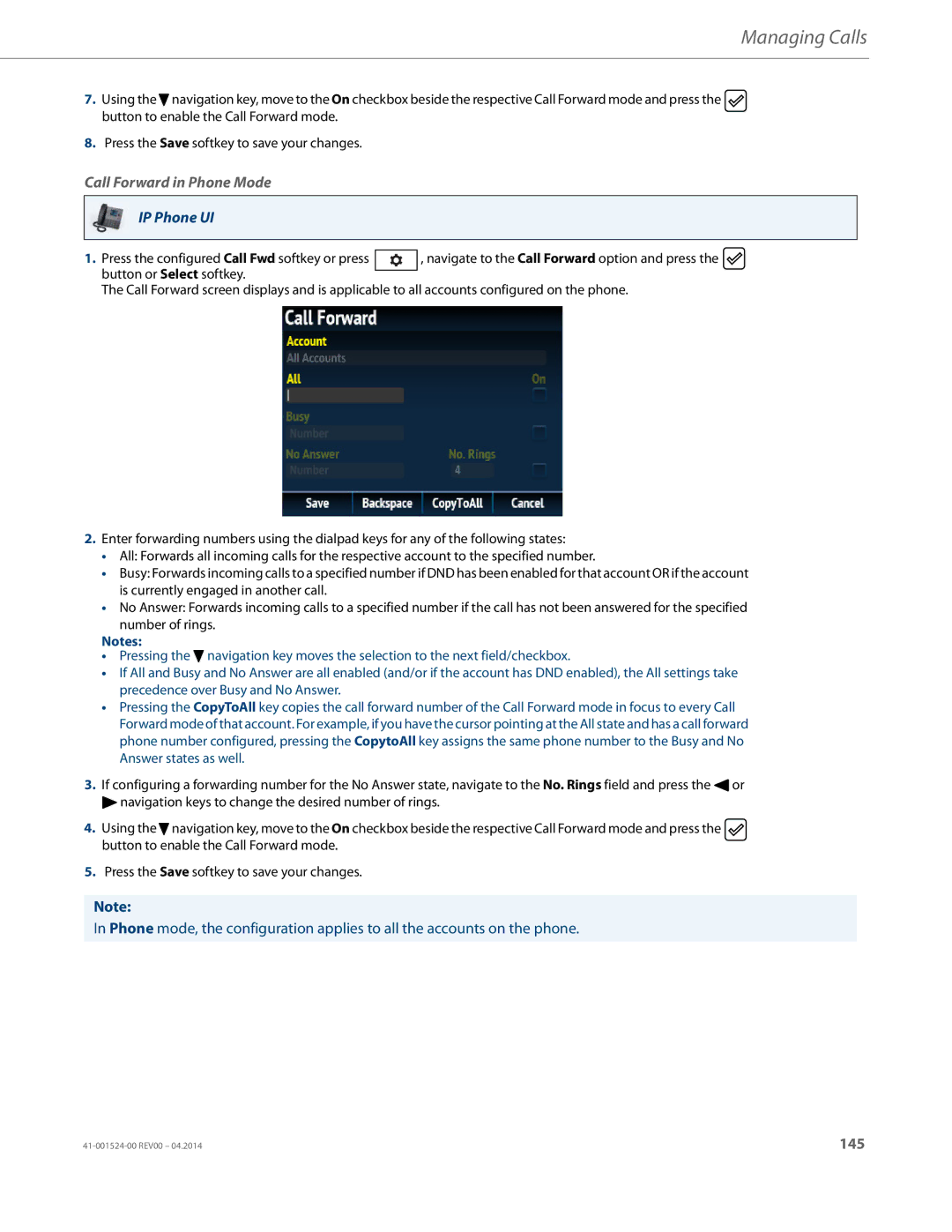 Aastra Telecom 6867i SIP manual Call Forward in Phone Mode 