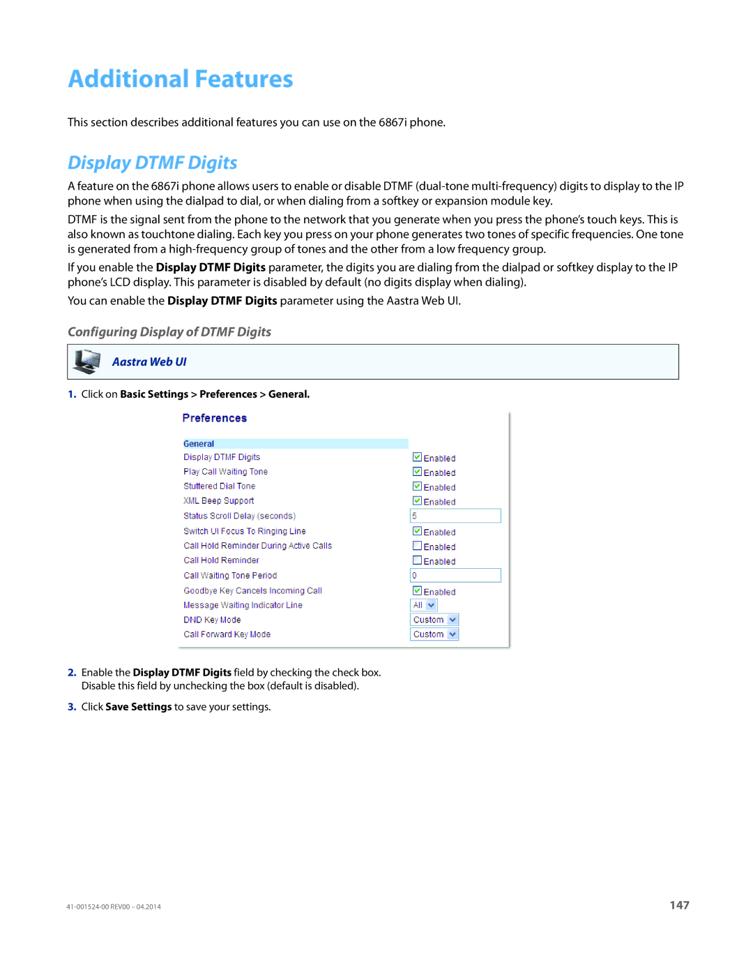 Aastra Telecom 6867i SIP manual Additional Features, Display Dtmf Digits, Configuring Display of Dtmf Digits 