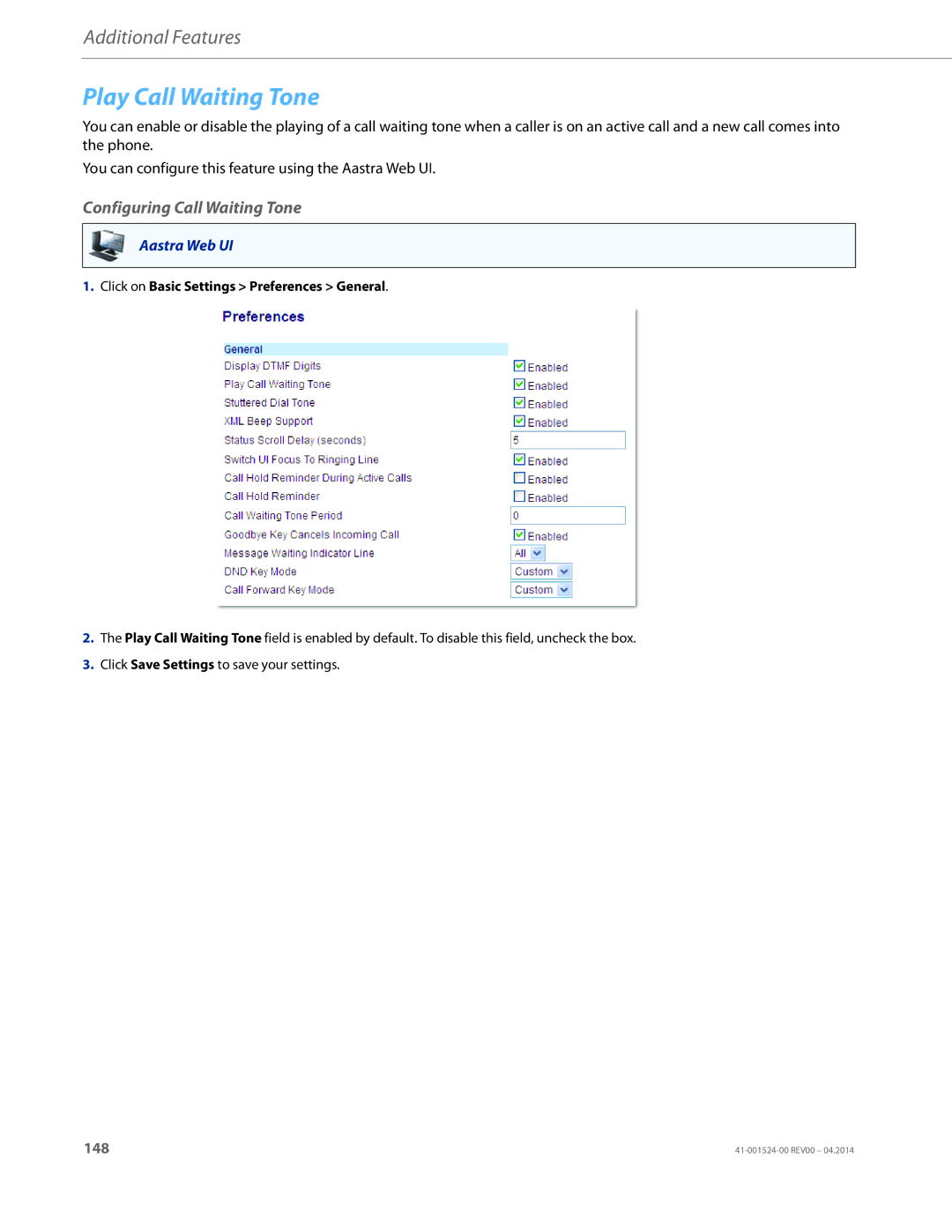 Aastra Telecom 6867i SIP manual Play Call Waiting Tone, Configuring Call Waiting Tone 