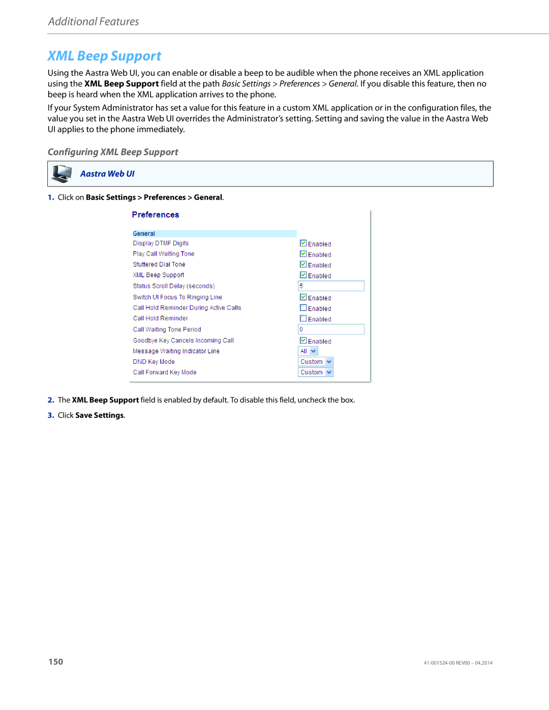 Aastra Telecom 6867i SIP manual Configuring XML Beep Support 