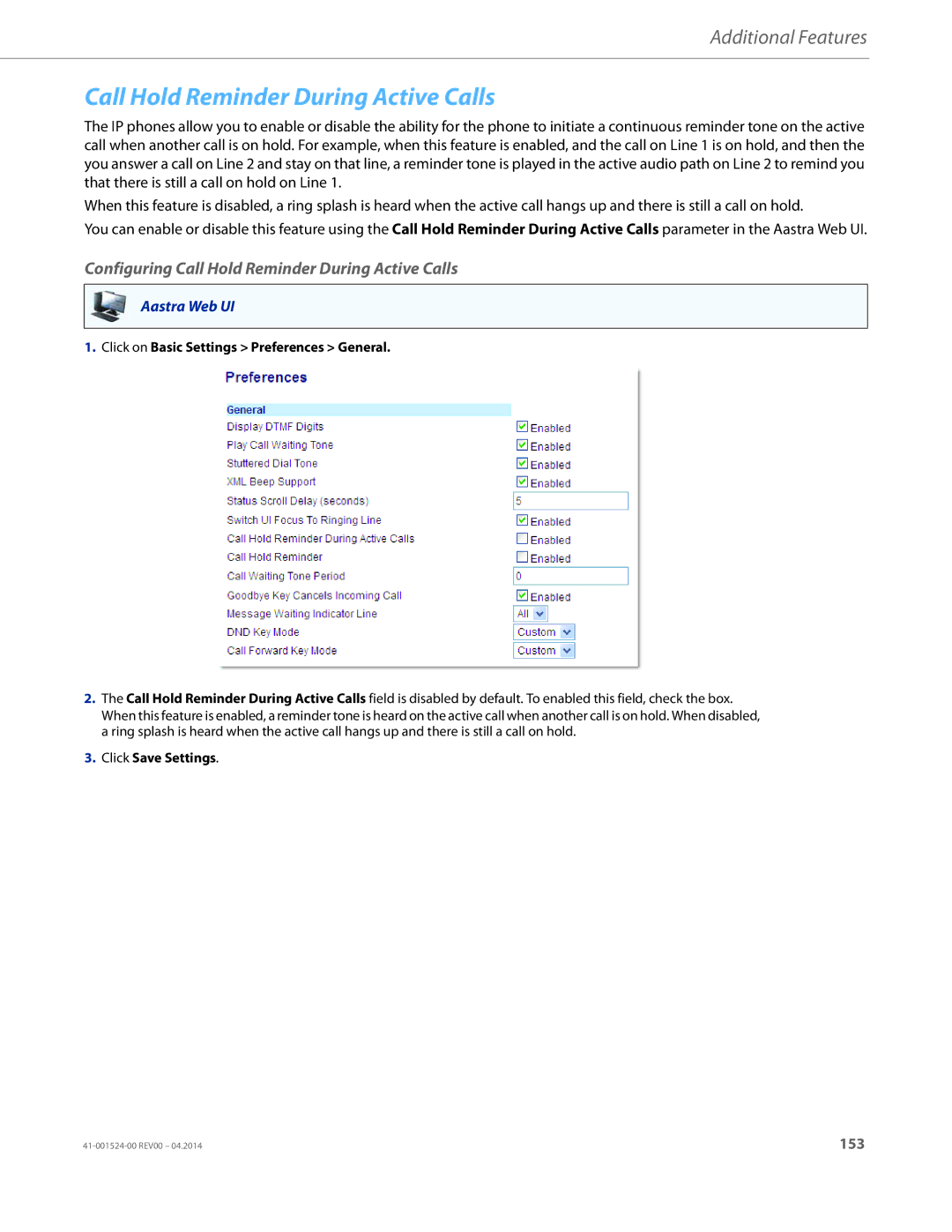 Aastra Telecom 6867i SIP manual Configuring Call Hold Reminder During Active Calls 