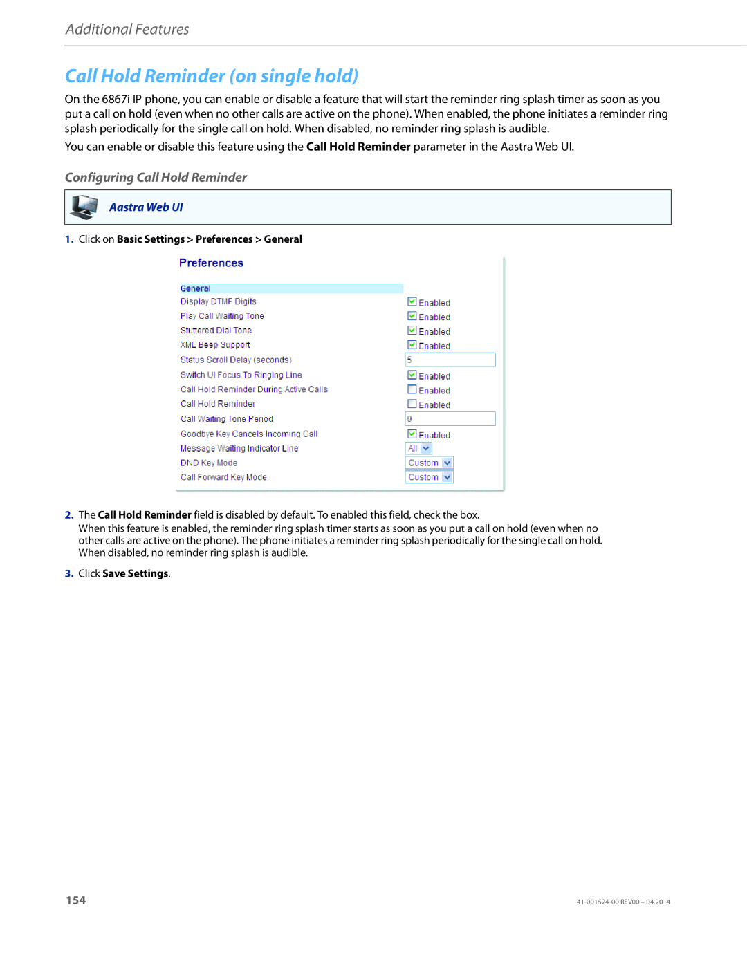 Aastra Telecom 6867i SIP manual Call Hold Reminder on single hold, Configuring Call Hold Reminder 