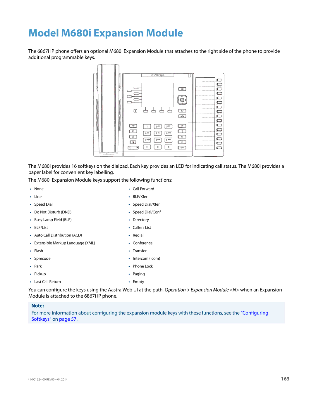 Aastra Telecom 6867i manual Model M680i Expansion Module, None Call Forward Line BLF/Xfer Speed Dial, Do Not Disturb DND 