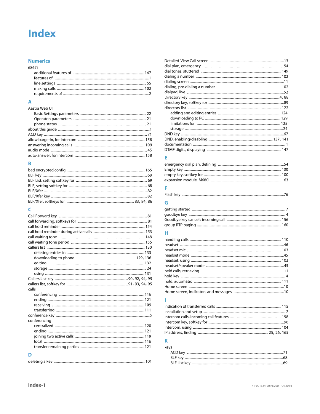 Aastra Telecom 6867i SIP manual Index, Numerics 