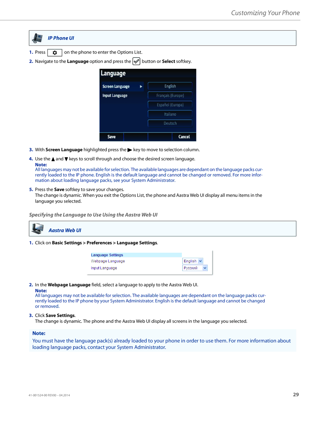 Aastra Telecom 6867i SIP manual Customizing Your Phone, Specifying the Language to Use Using the Aastra Web UI 