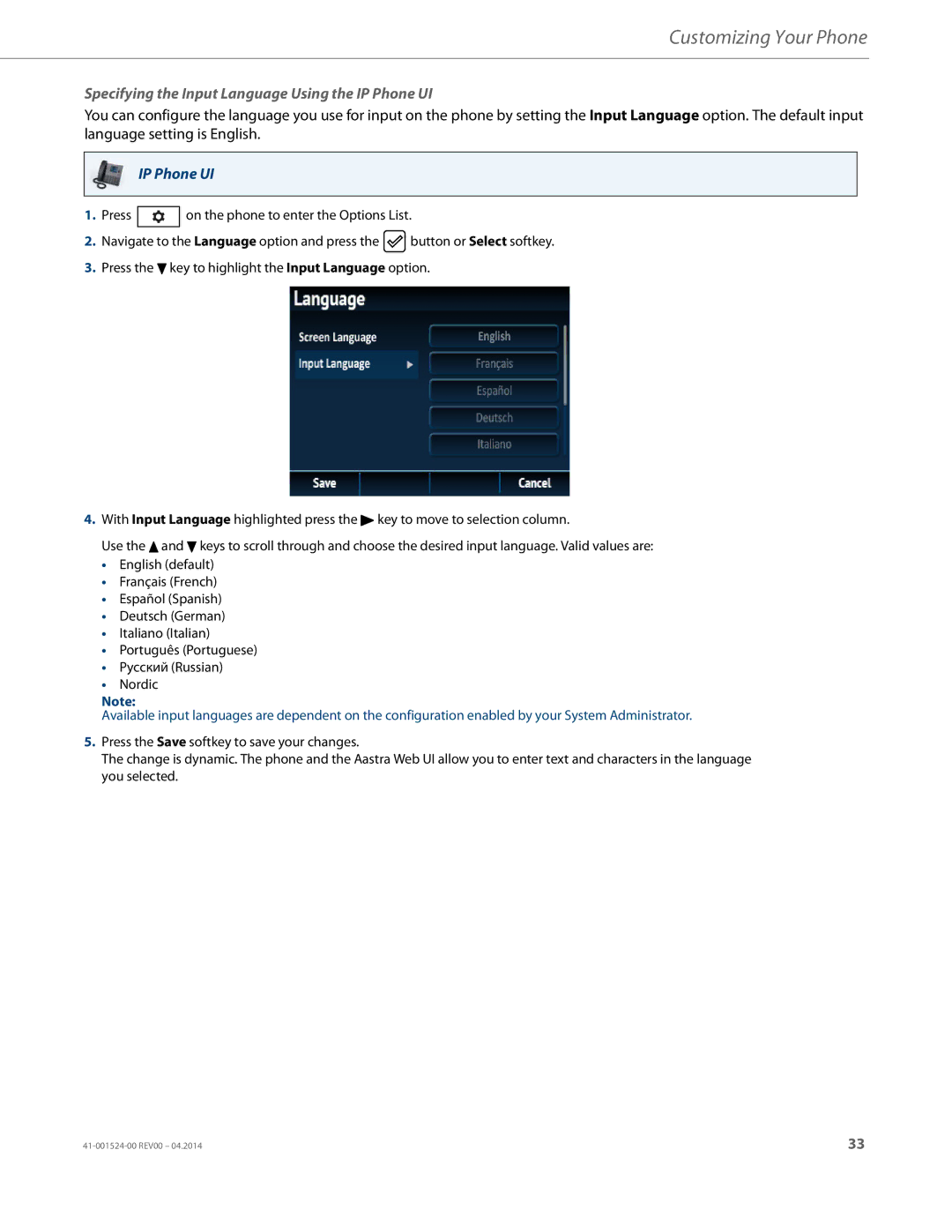 Aastra Telecom 6867i SIP manual Specifying the Input Language Using the IP Phone UI 