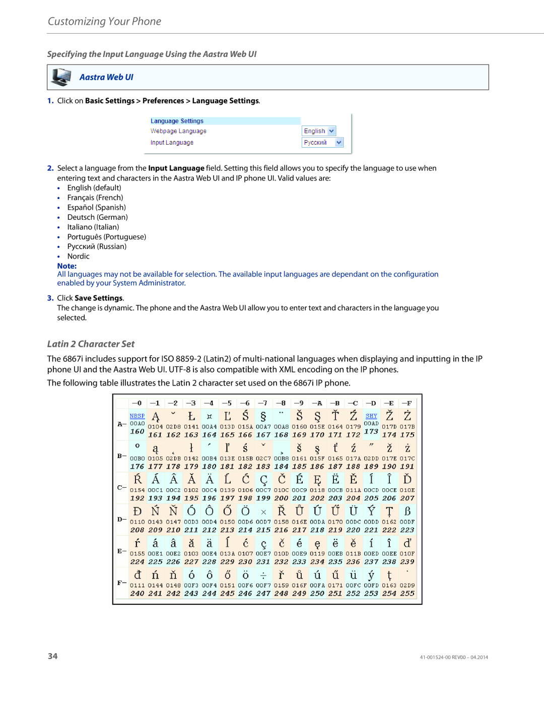 Aastra Telecom 6867i SIP manual Latin 2 Character Set, Specifying the Input Language Using the Aastra Web UI 