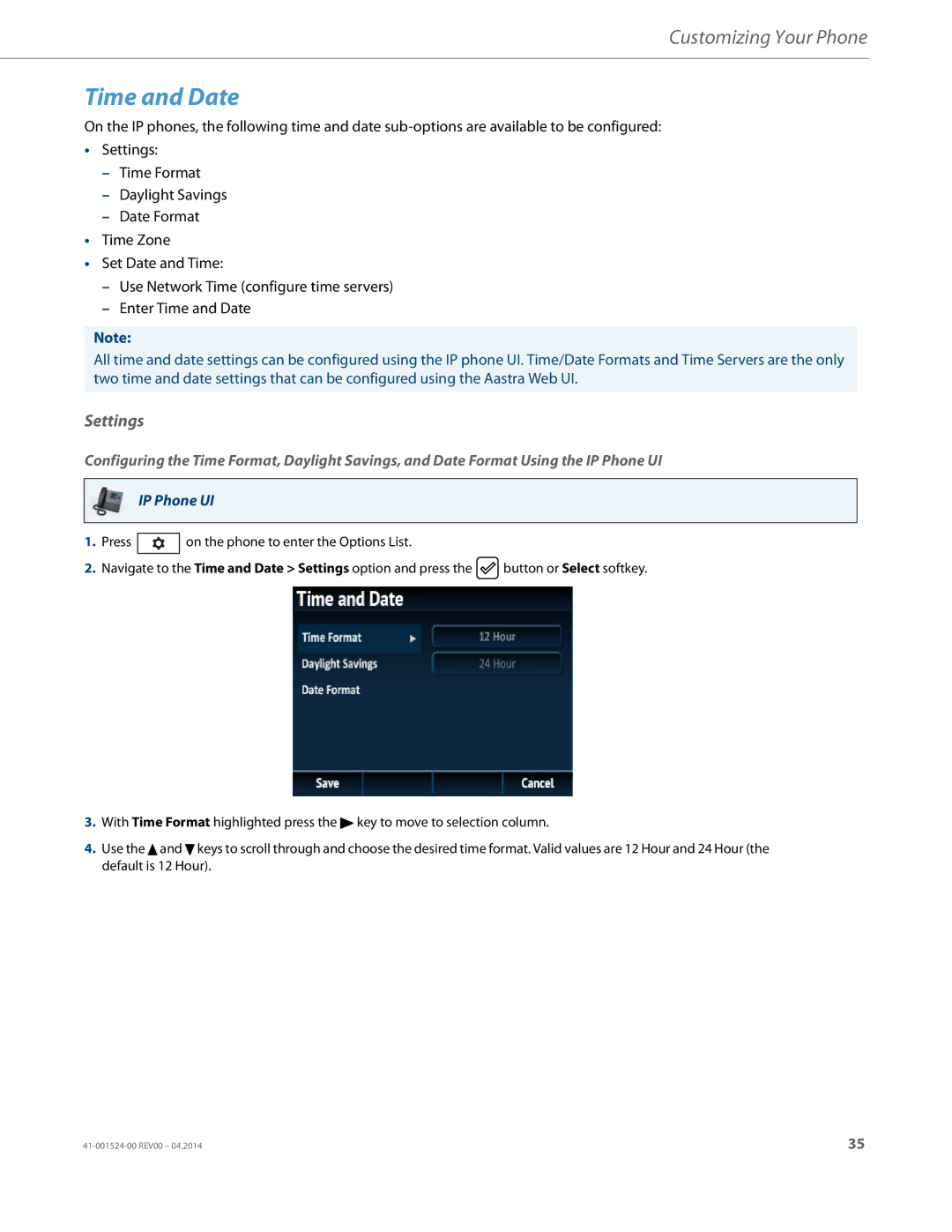 Aastra Telecom 6867i SIP manual Time and Date, Settings 