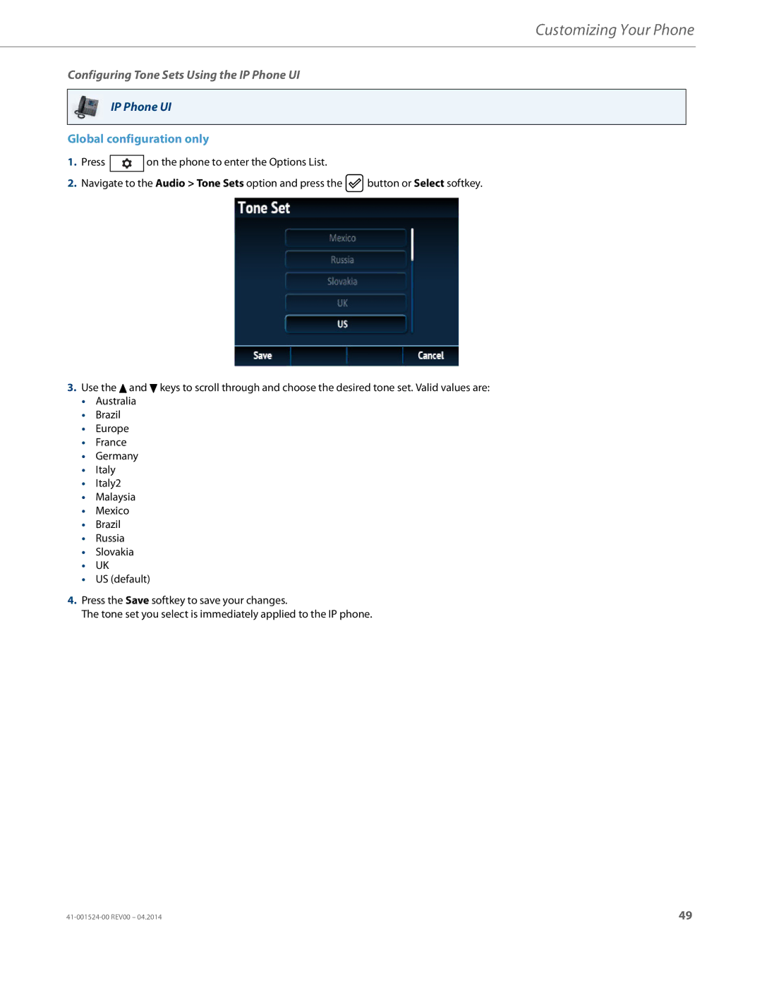 Aastra Telecom 6867i SIP manual Configuring Tone Sets Using the IP Phone UI 