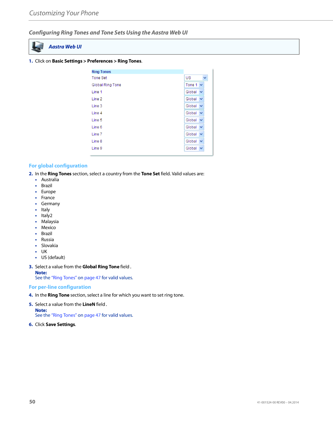 Aastra Telecom 6867i SIP manual Configuring Ring Tones and Tone Sets Using the Aastra Web UI 