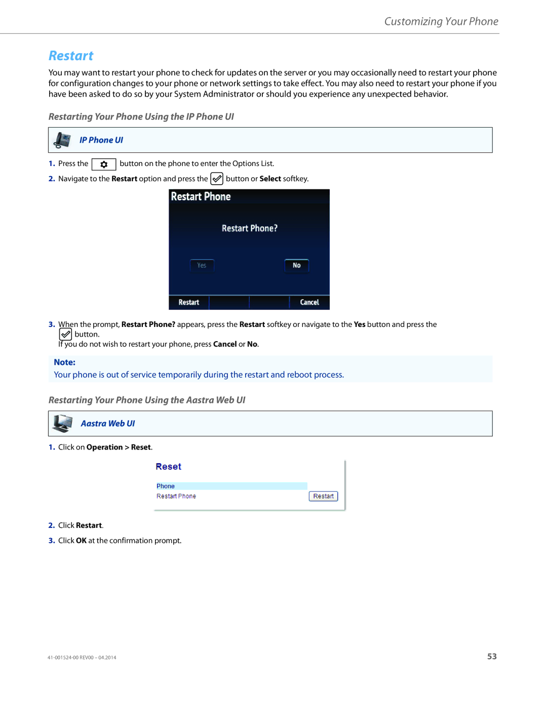 Aastra Telecom 6867i manual Restarting Your Phone Using the IP Phone UI, Restarting Your Phone Using the Aastra Web UI 