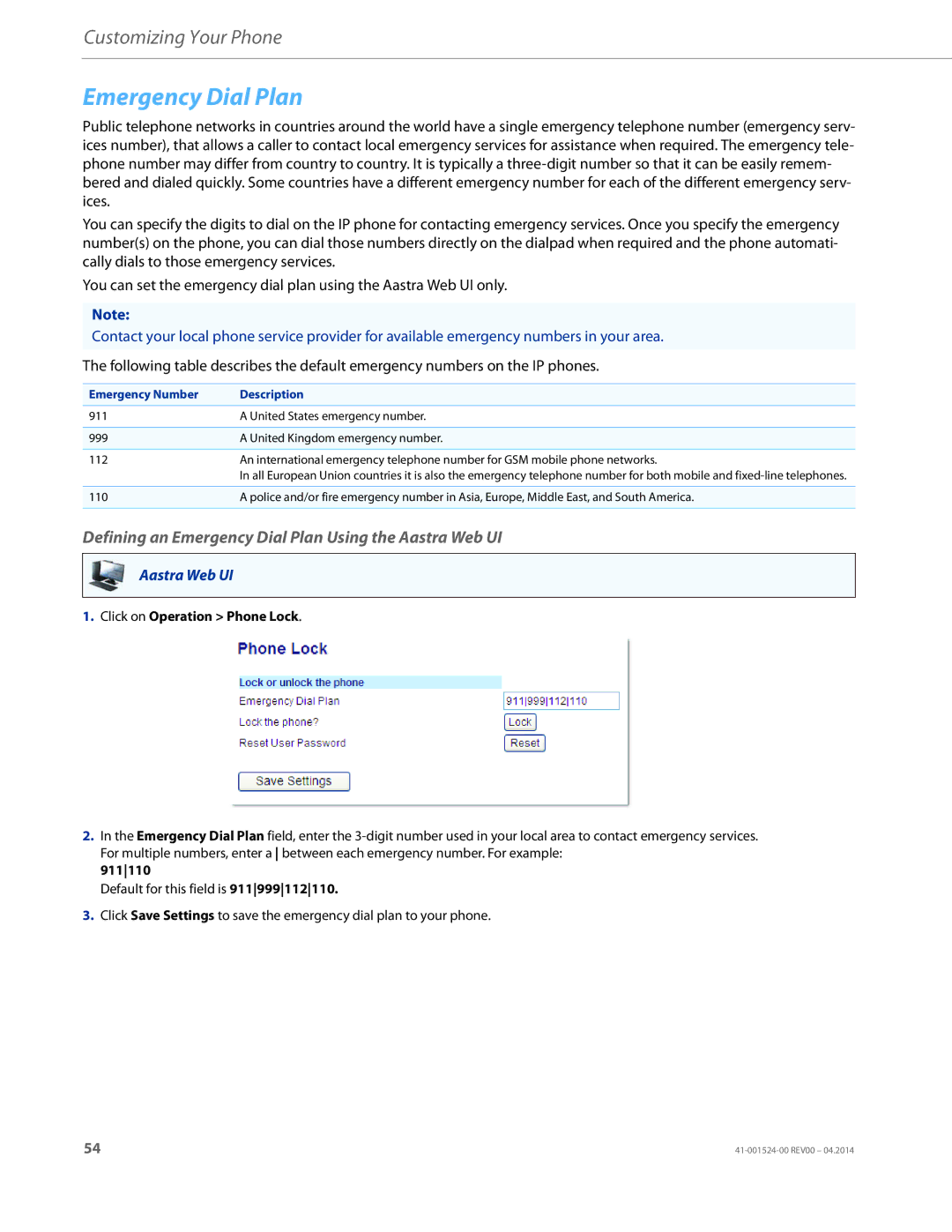 Aastra Telecom 6867i SIP manual Defining an Emergency Dial Plan Using the Aastra Web UI, Emergency Number Description 