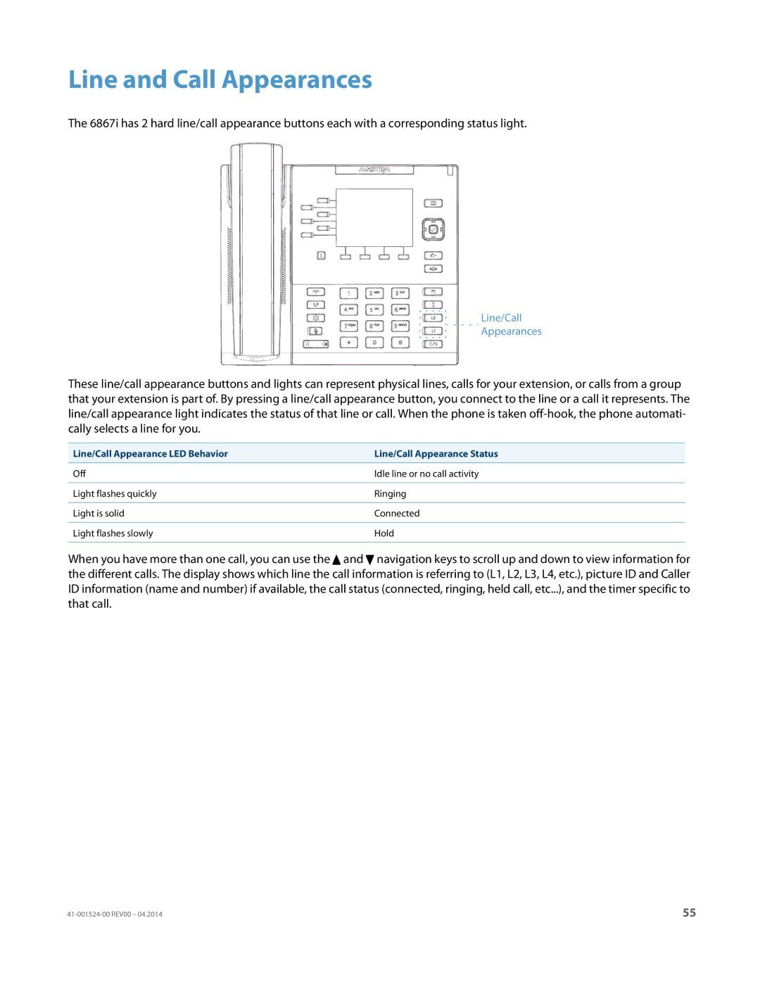 Aastra Telecom 6867i SIP manual Line and Call Appearances 