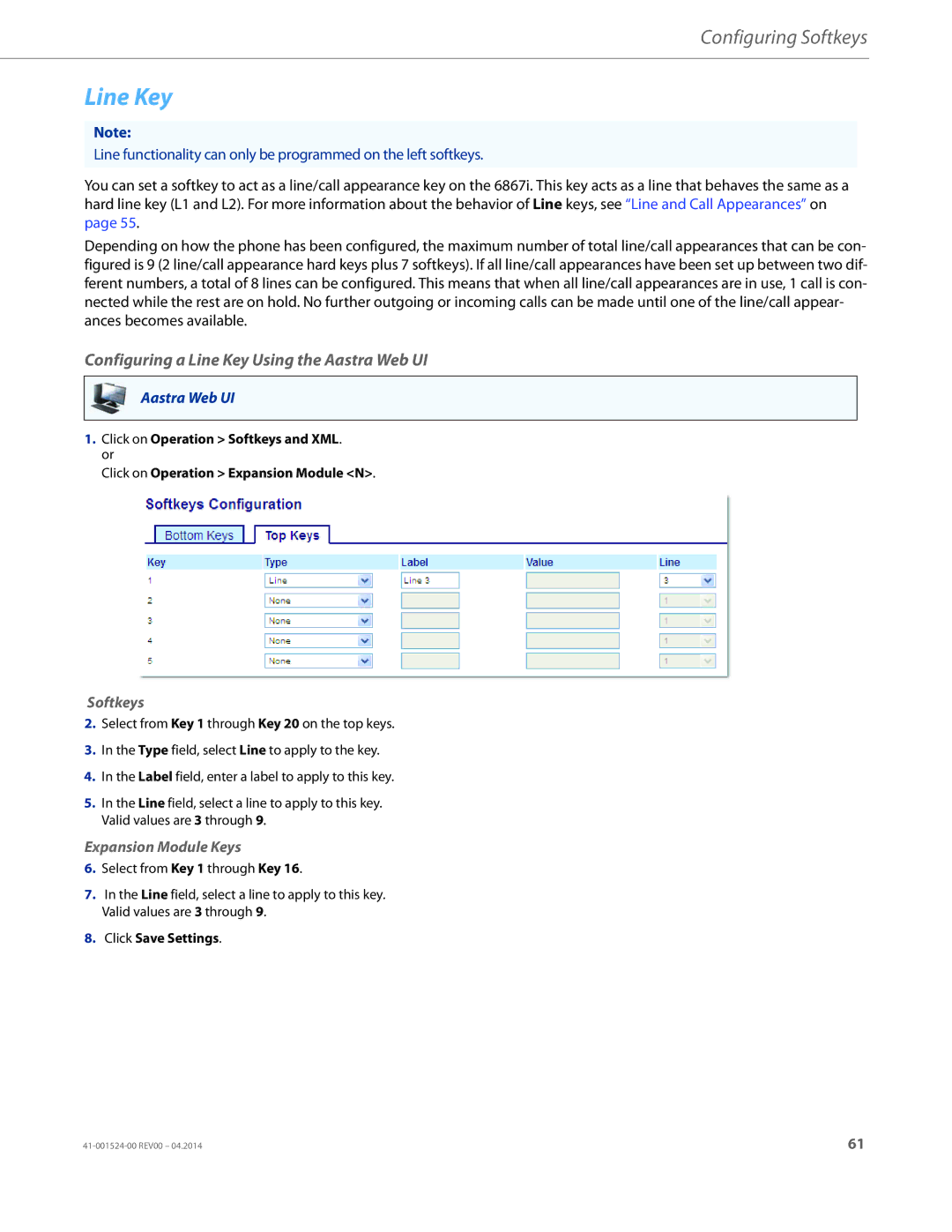 Aastra Telecom 6867i SIP manual Configuring a Line Key Using the Aastra Web UI, Expansion Module Keys 