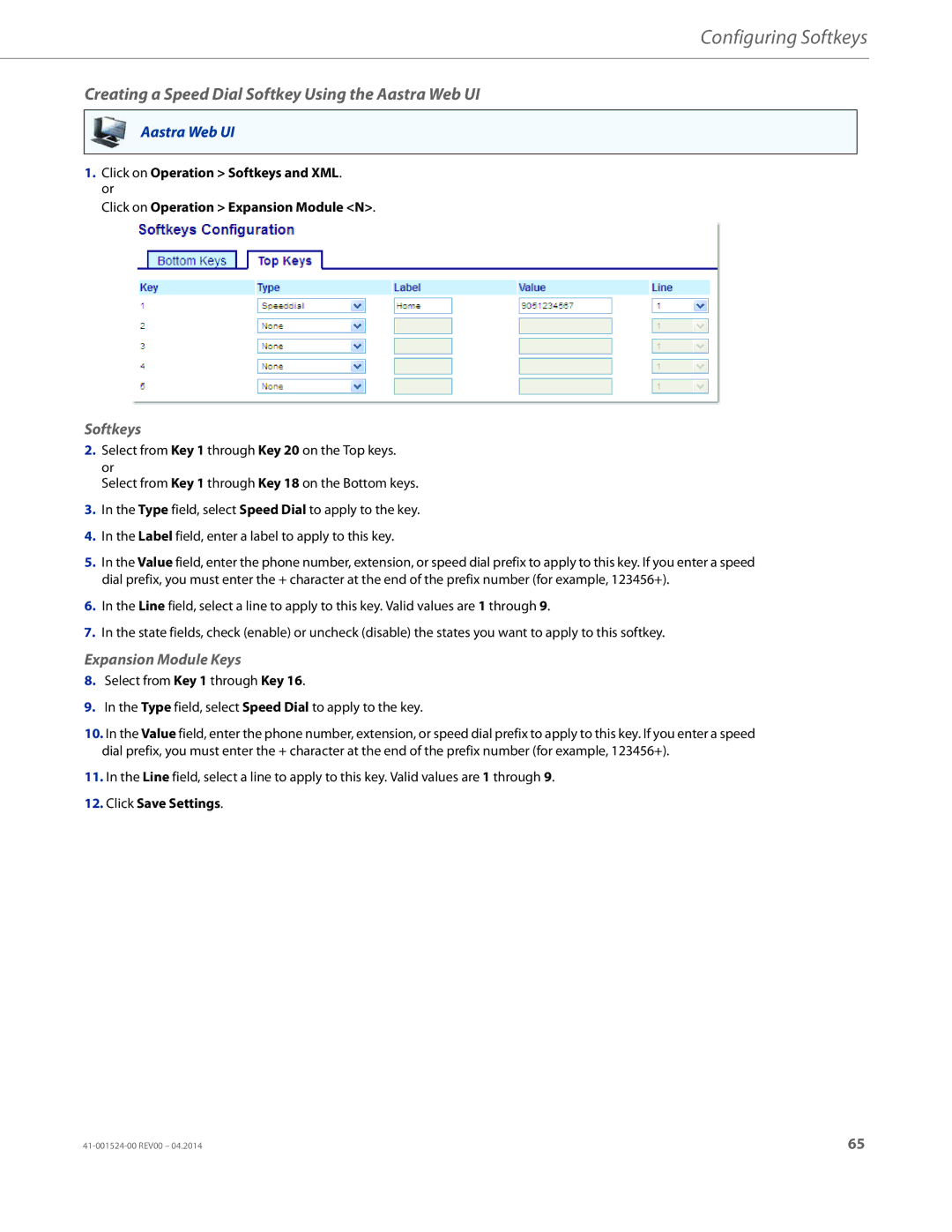 Aastra Telecom 6867i SIP manual Creating a Speed Dial Softkey Using the Aastra Web UI, Softkeys 