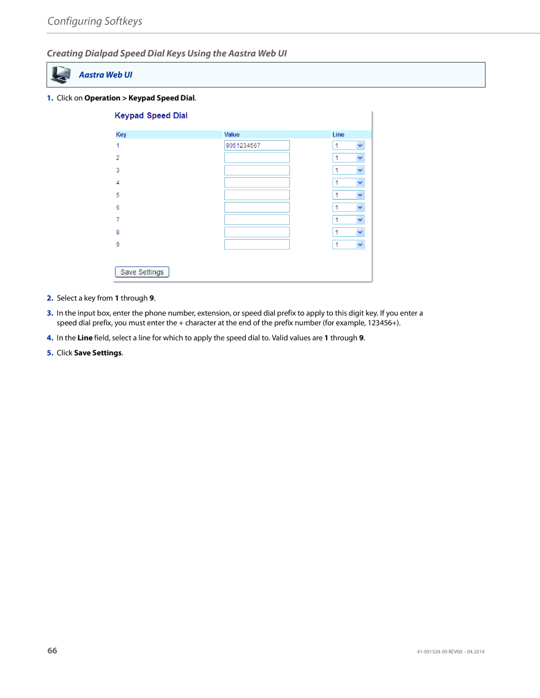 Aastra Telecom 6867i SIP Creating Dialpad Speed Dial Keys Using the Aastra Web UI, Click on Operation Keypad Speed Dial 