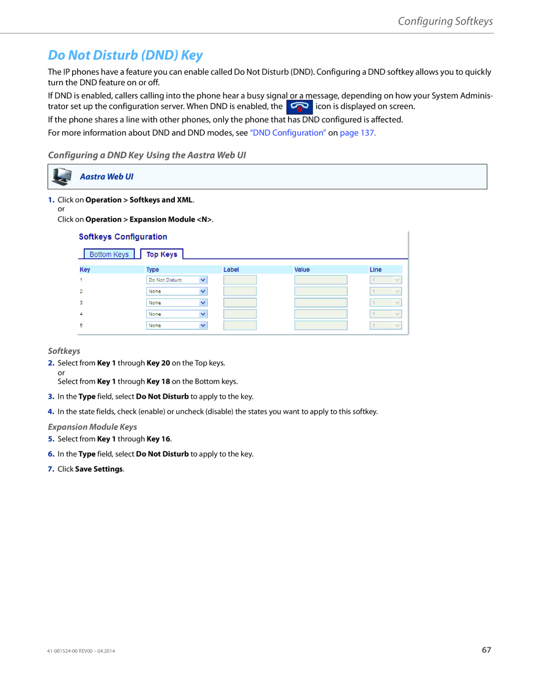 Aastra Telecom 6867i SIP manual Do Not Disturb DND Key, Configuring a DND Key Using the Aastra Web UI 