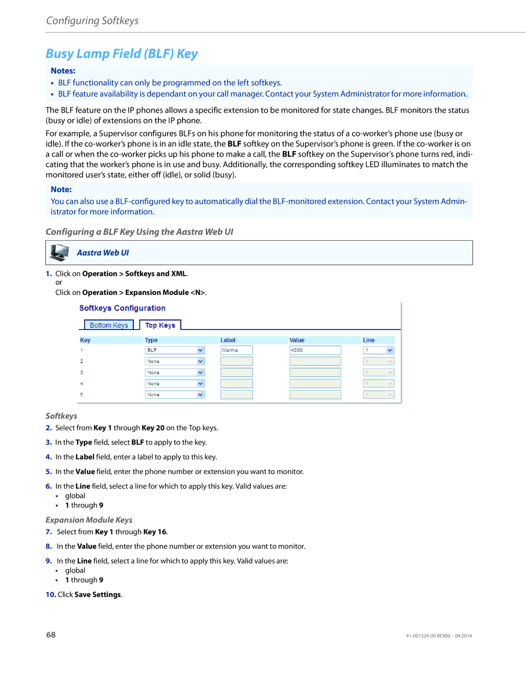 Aastra Telecom 6867i SIP manual Busy Lamp Field BLF Key, Configuring a BLF Key Using the Aastra Web UI 