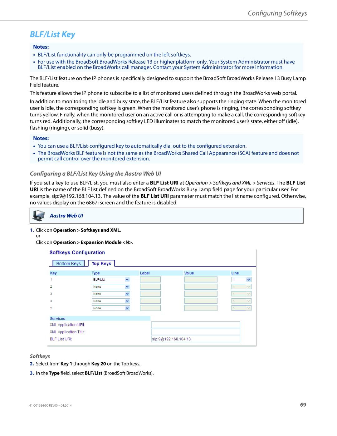 Aastra Telecom 6867i SIP manual Configuring a BLF/List Key Using the Aastra Web UI 