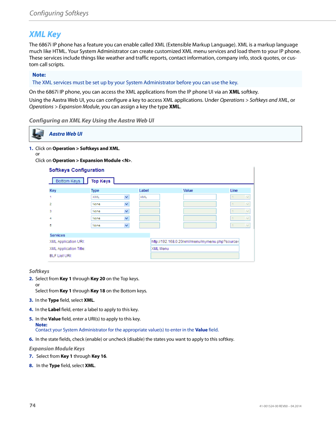 Aastra Telecom 6867i SIP manual Configuring an XML Key Using the Aastra Web UI 