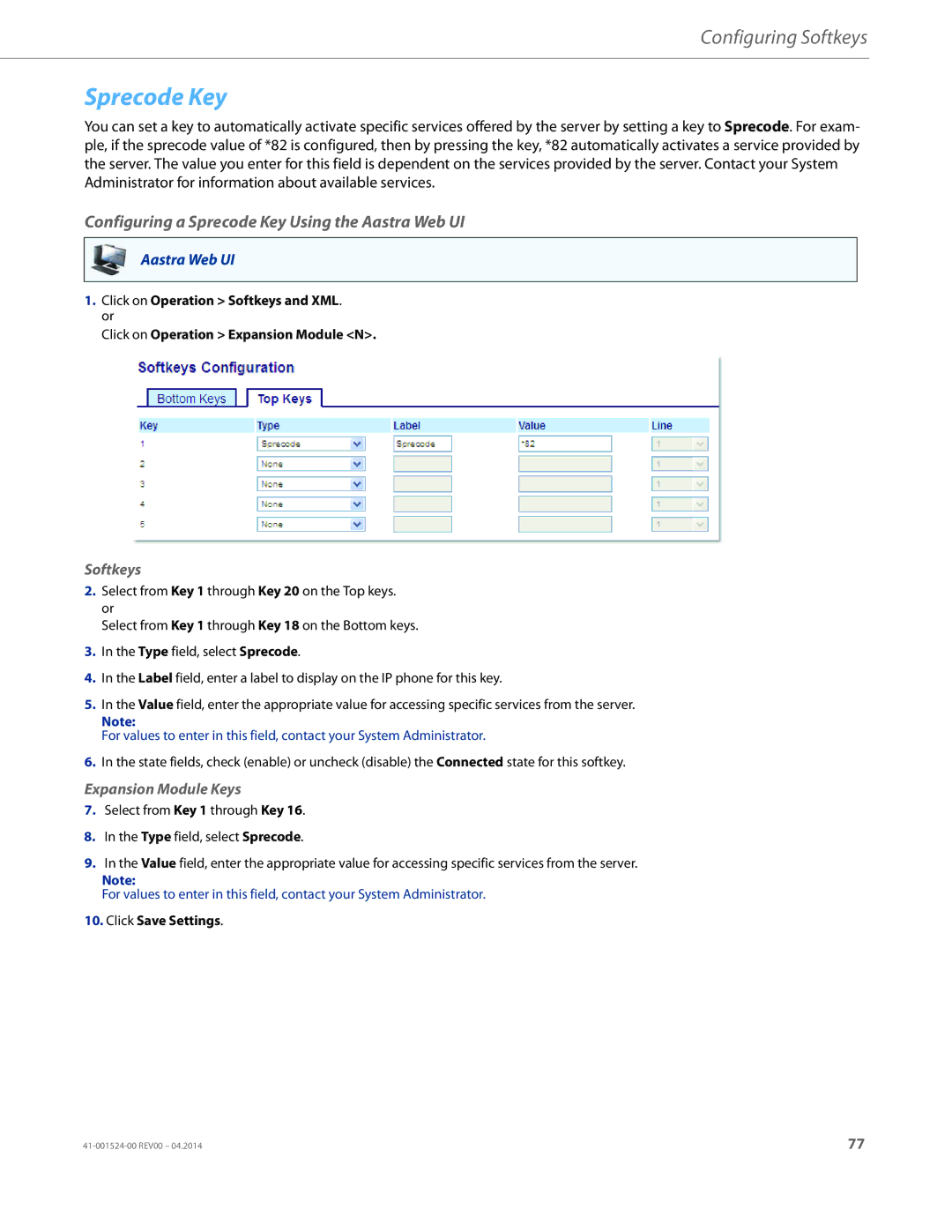 Aastra Telecom 6867i SIP manual Configuring a Sprecode Key Using the Aastra Web UI 