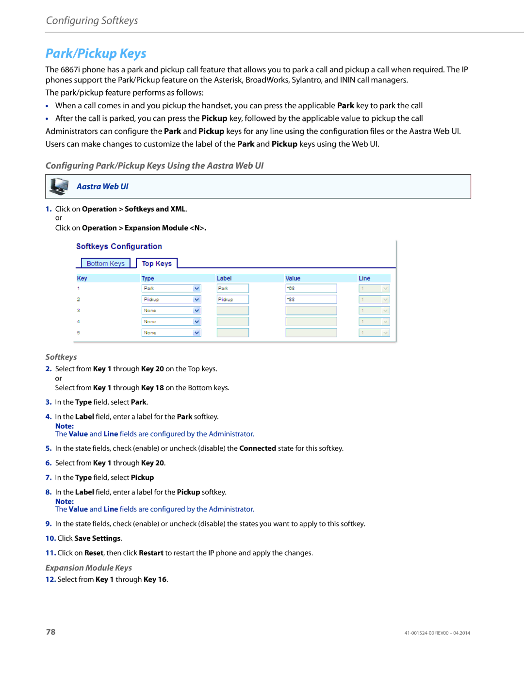 Aastra Telecom 6867i SIP manual Configuring Park/Pickup Keys Using the Aastra Web UI 