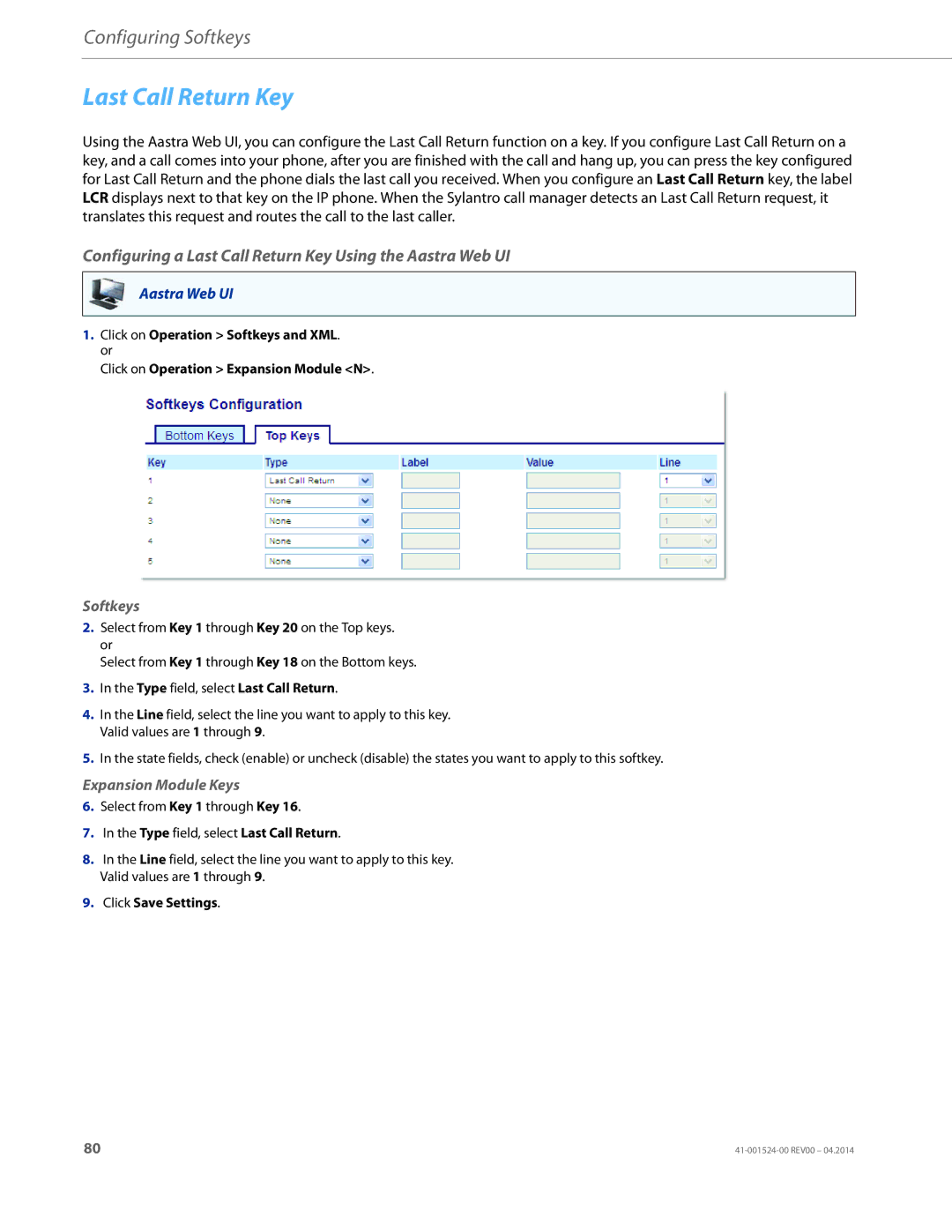 Aastra Telecom 6867i SIP manual Configuring a Last Call Return Key Using the Aastra Web UI 