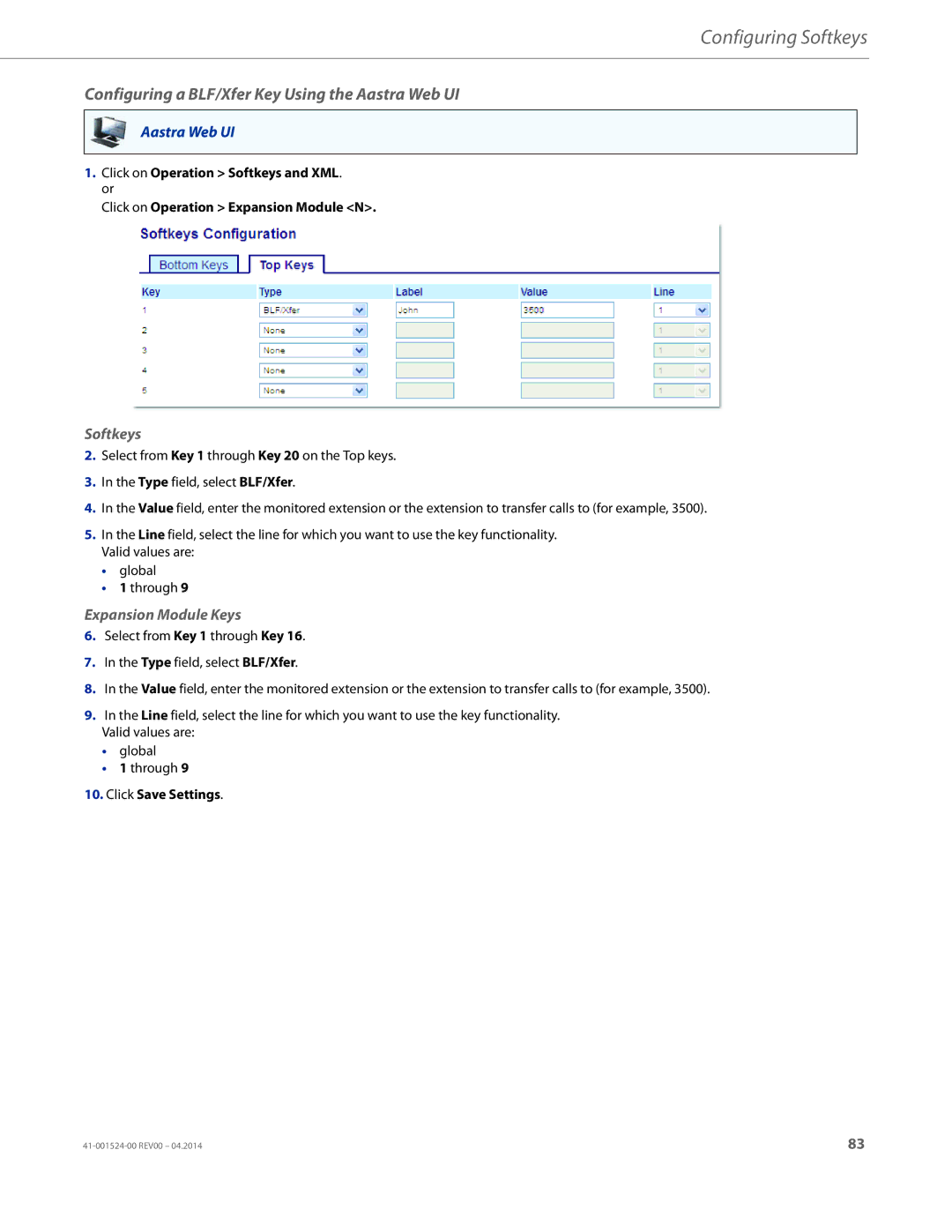 Aastra Telecom 6867i SIP manual Configuring a BLF/Xfer Key Using the Aastra Web UI 