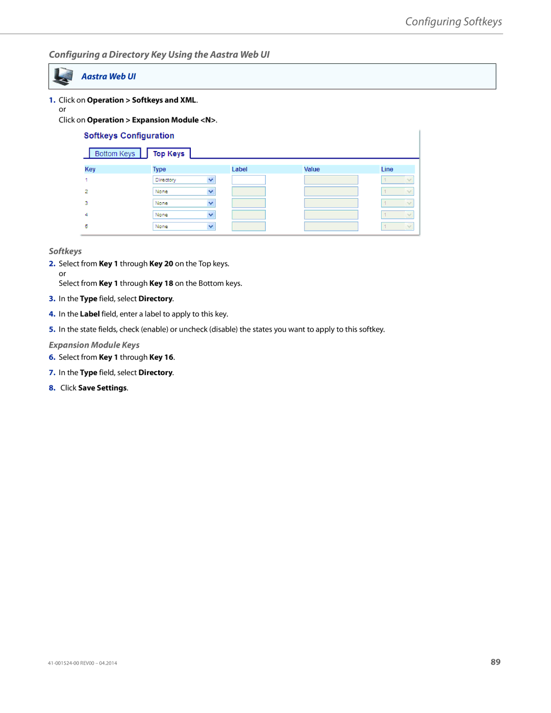 Aastra Telecom 6867i SIP manual Configuring a Directory Key Using the Aastra Web UI, Softkeys 