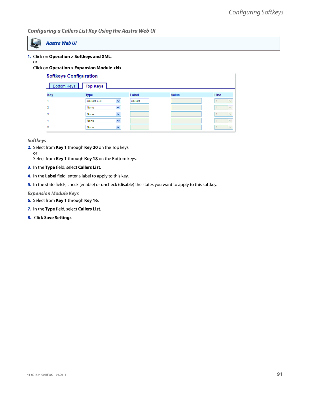 Aastra Telecom 6867i SIP manual Configuring a Callers List Key Using the Aastra Web UI 