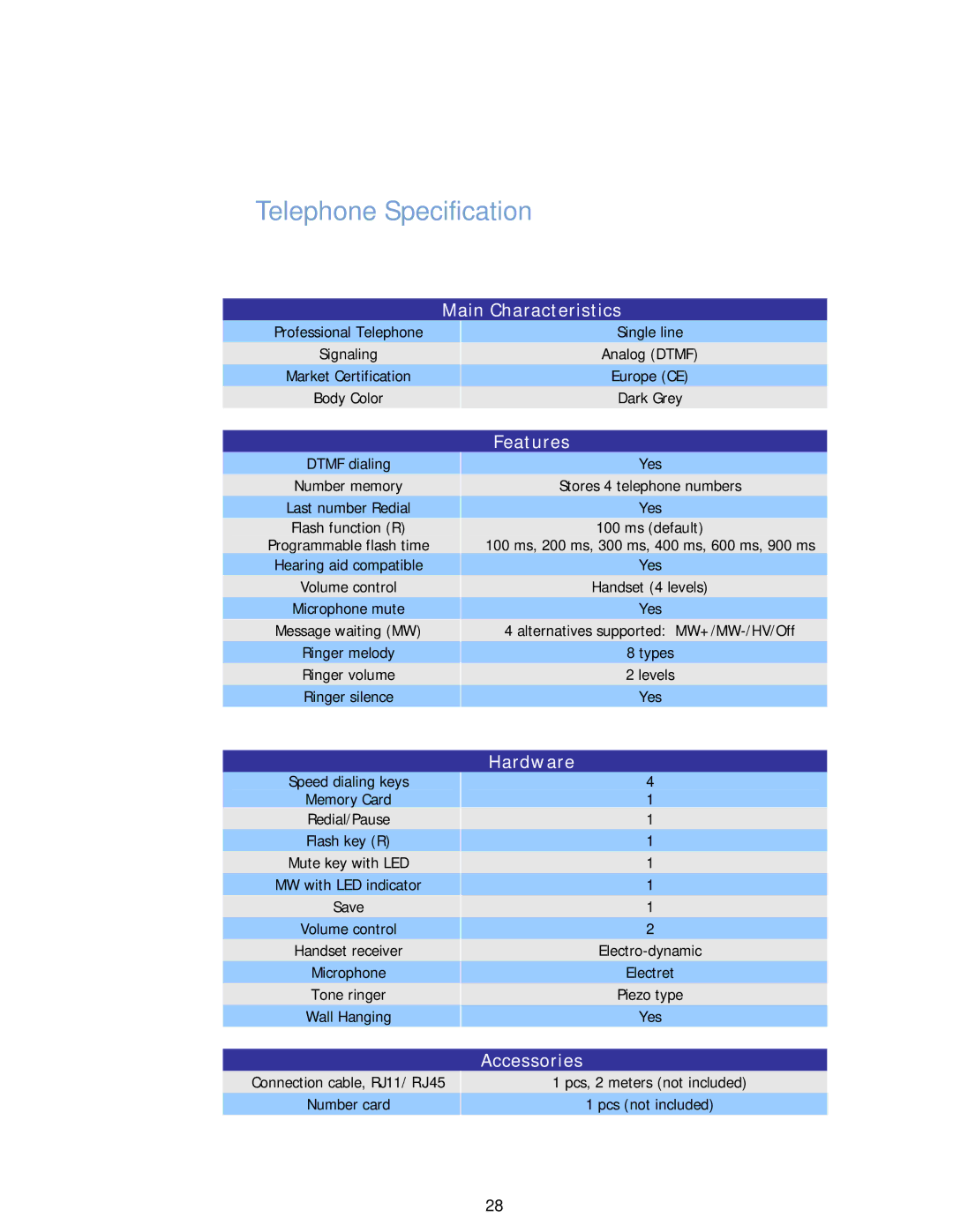 Aastra Telecom 7106A manual Telephone Specification, Main Characteristics 