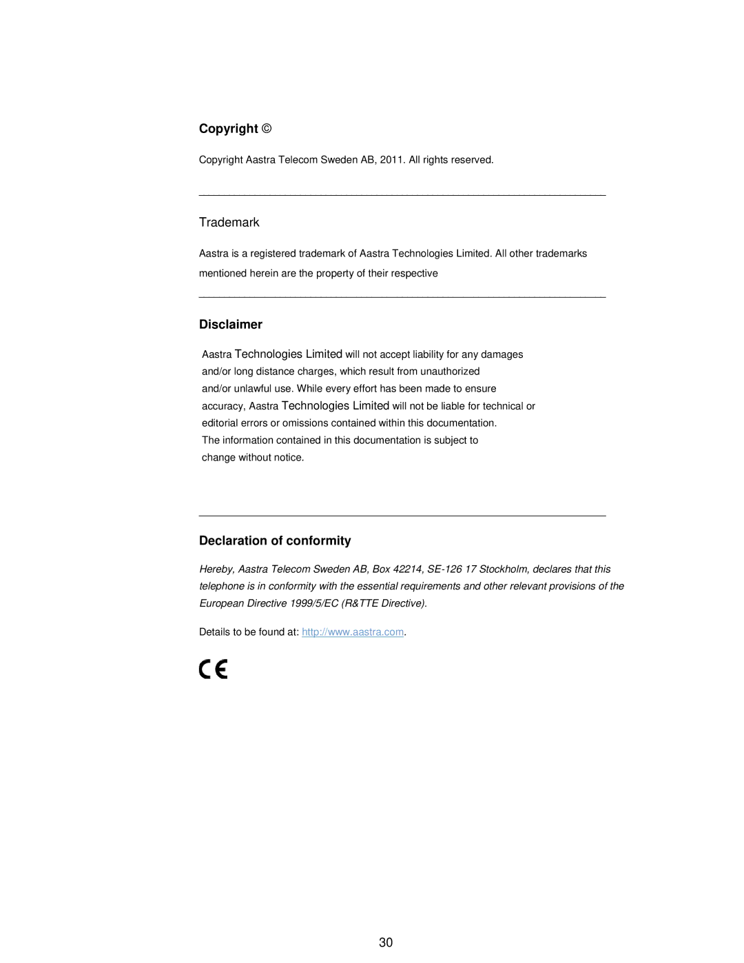 Aastra Telecom 7106A manual Copyright, Disclaimer, Declaration of conformity 