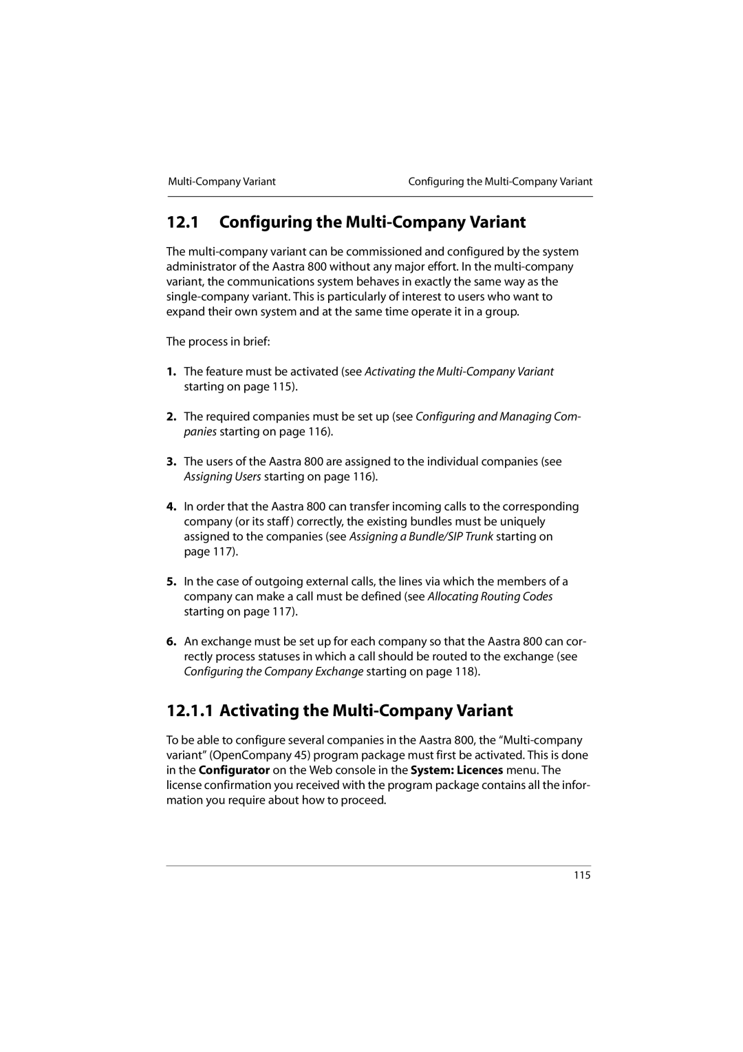 Aastra Telecom 800 manual Configuring the Multi-Company Variant, Activating the Multi-Company Variant 