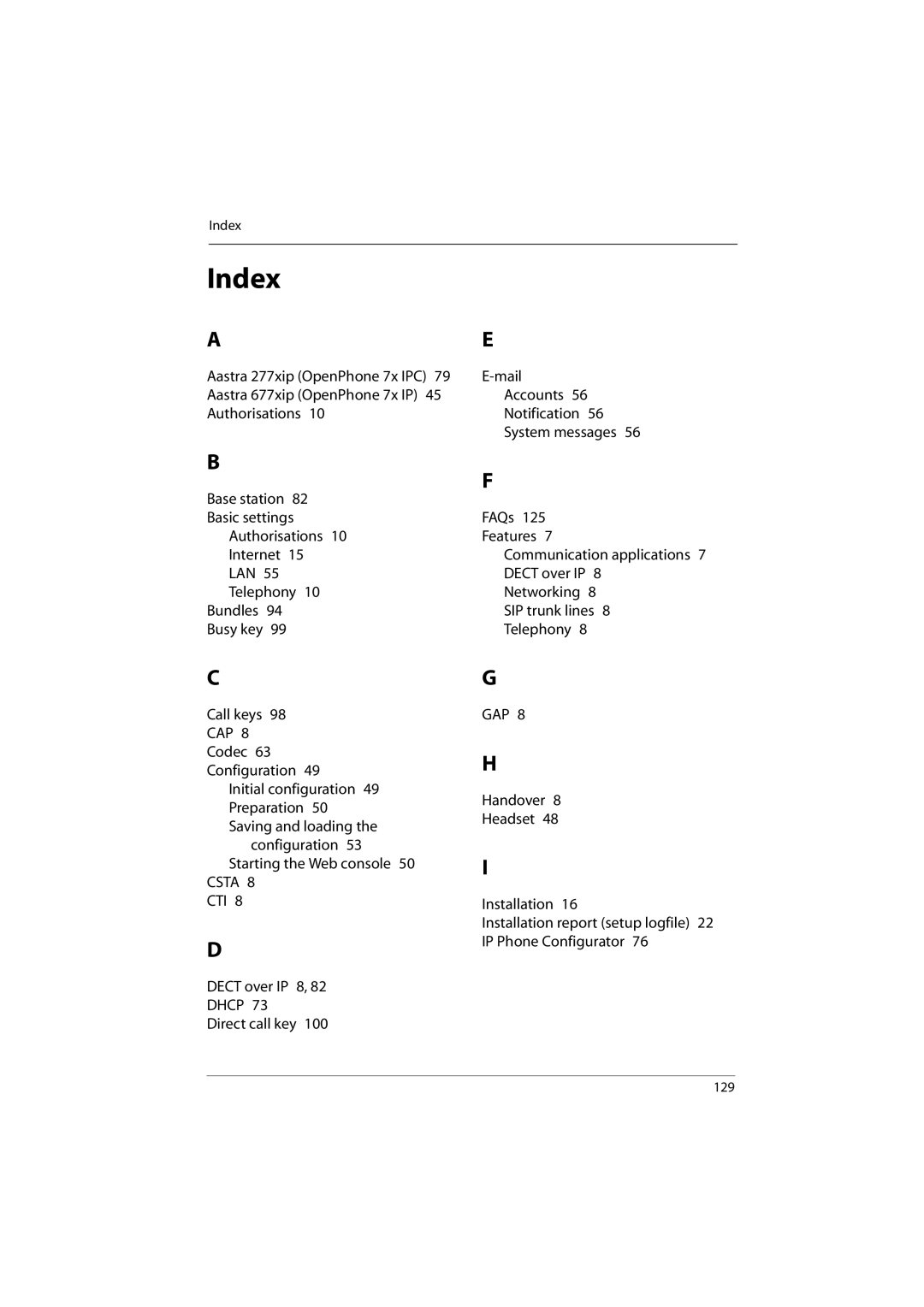 Aastra Telecom 800 manual Index, Gap 