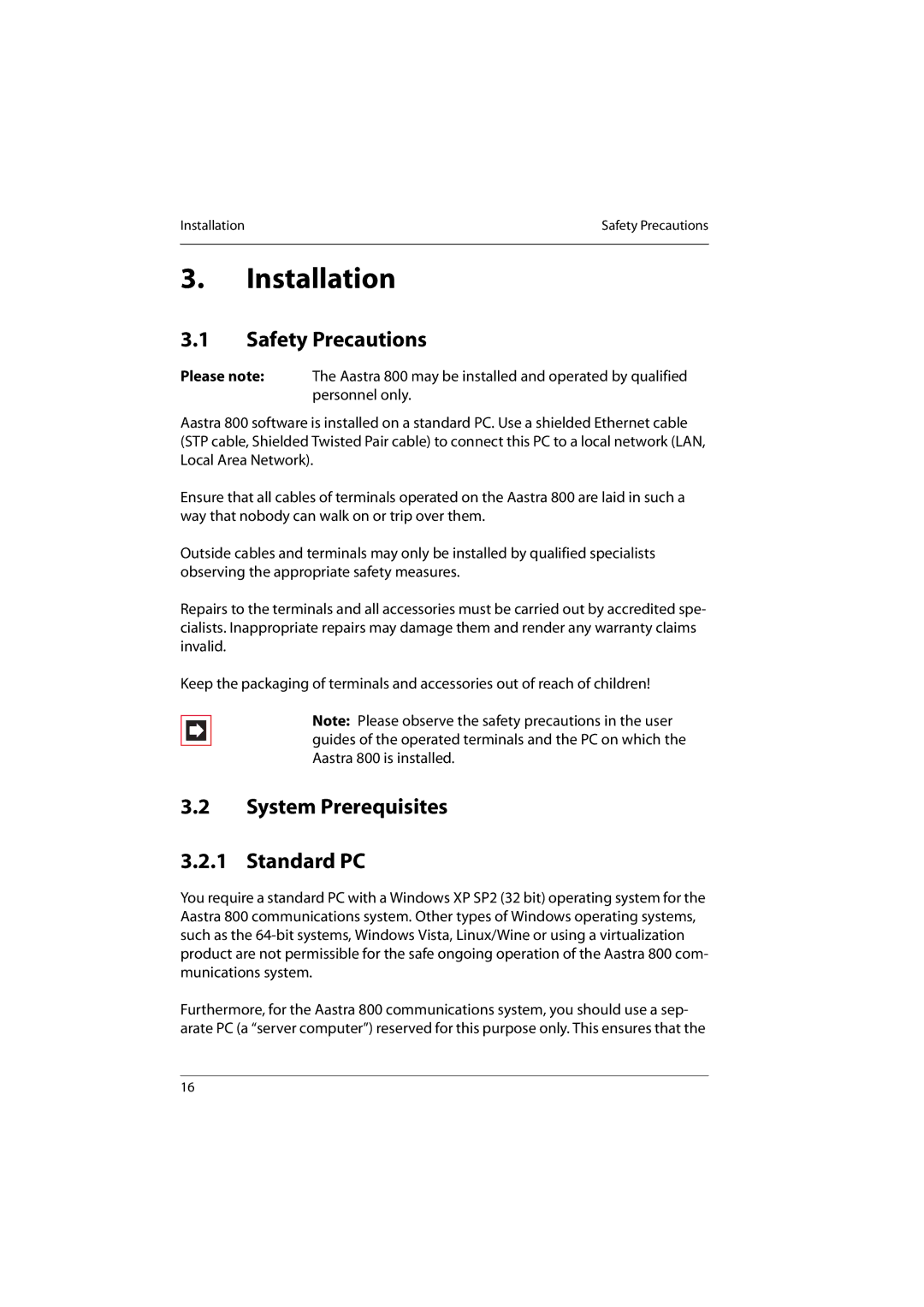 Aastra Telecom 800 manual Installation, Safety Precautions, System Prerequisites Standard PC 