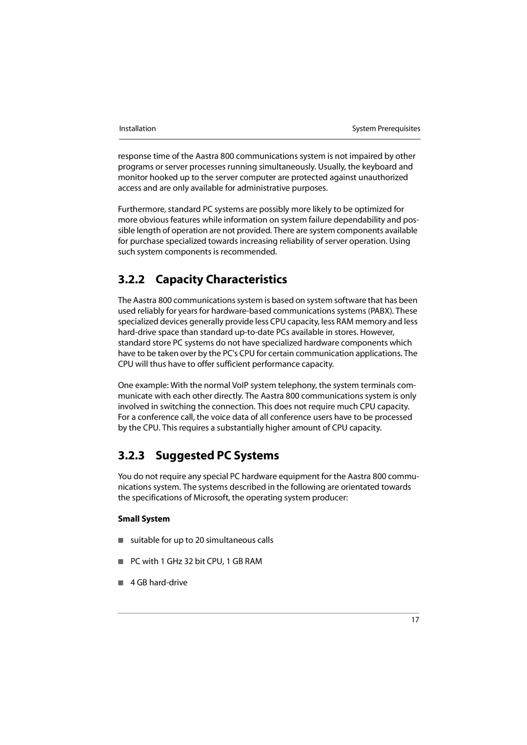 Aastra Telecom 800 manual Capacity Characteristics, Suggested PC Systems, Small System 