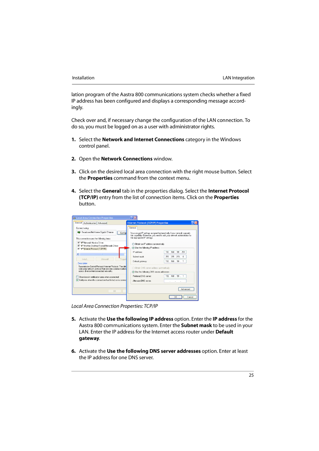 Aastra Telecom 800 manual Local Area Connection Properties TCP/IP 