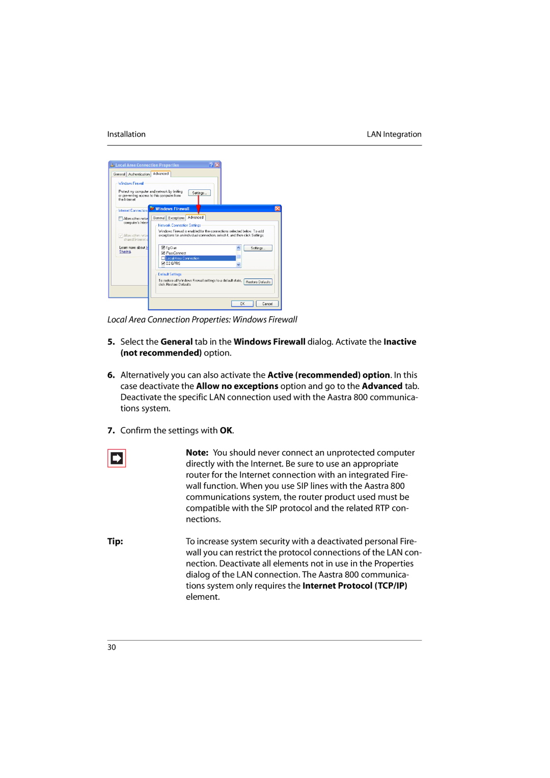 Aastra Telecom 800 manual Local Area Connection Properties Windows Firewall 