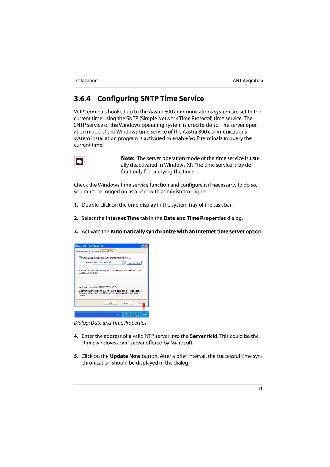 Aastra Telecom 800 manual Configuring Sntp Time Service, Dialog Date and Time Properties 