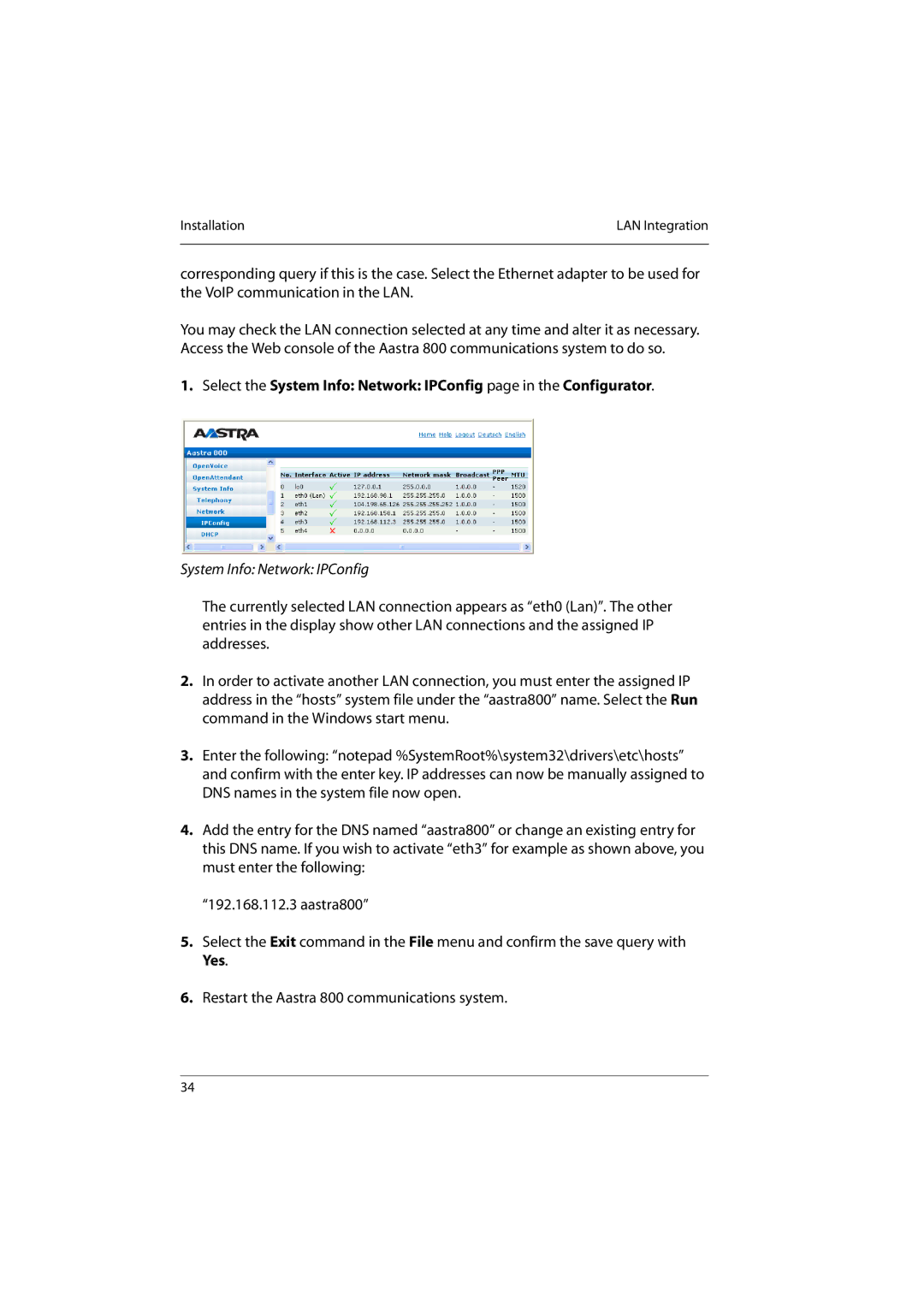 Aastra Telecom 800 manual System Info Network IPConfig 