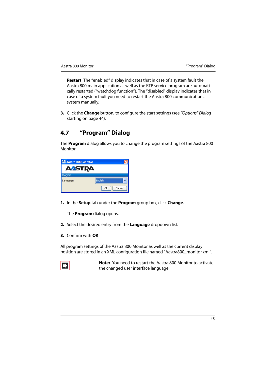 Aastra Telecom 800 manual Program Dialog 