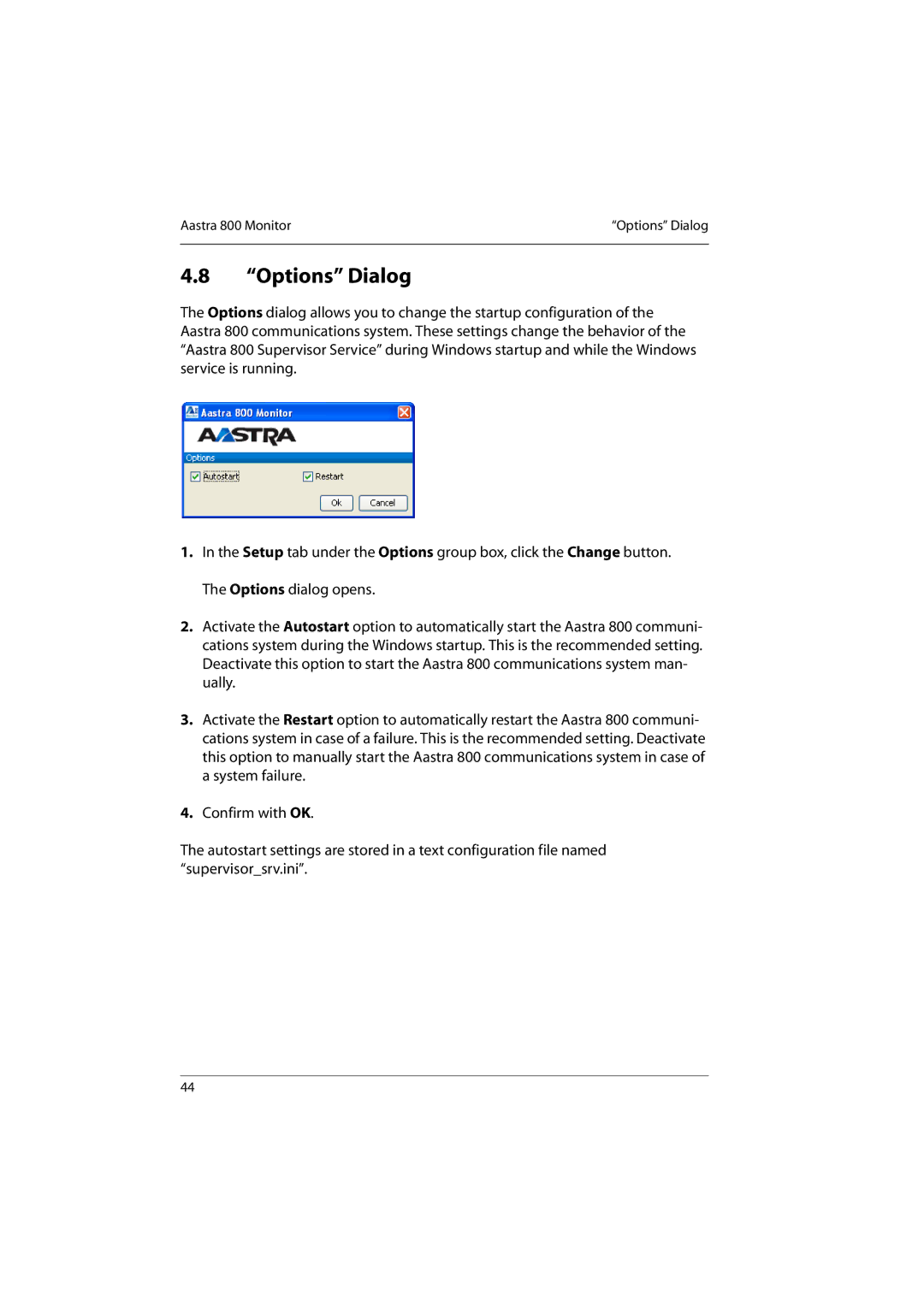 Aastra Telecom 800 manual Options Dialog 