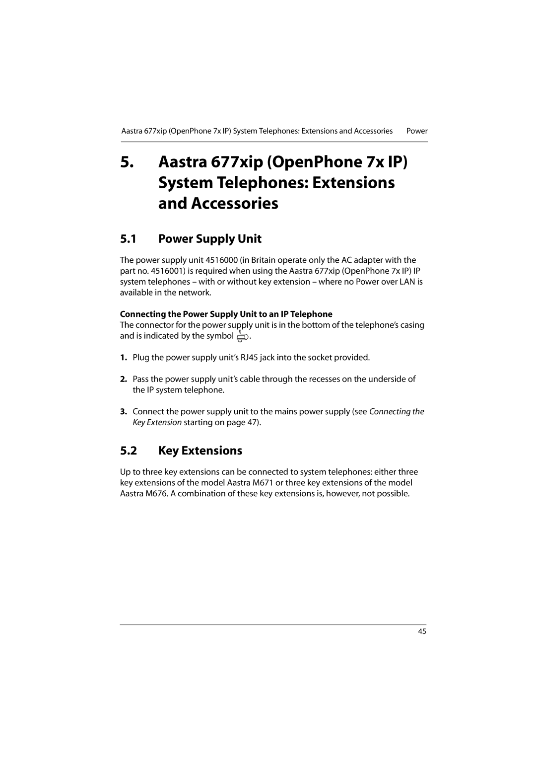 Aastra Telecom 800 manual Key Extensions, Connecting the Power Supply Unit to an IP Telephone 