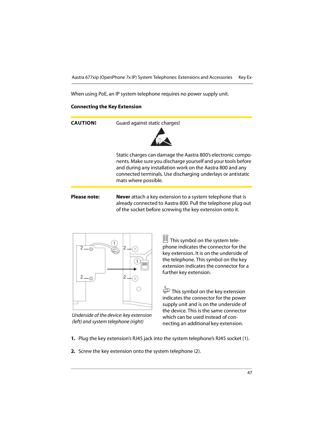 Aastra Telecom 800 manual Connecting the Key Extension, Please note 