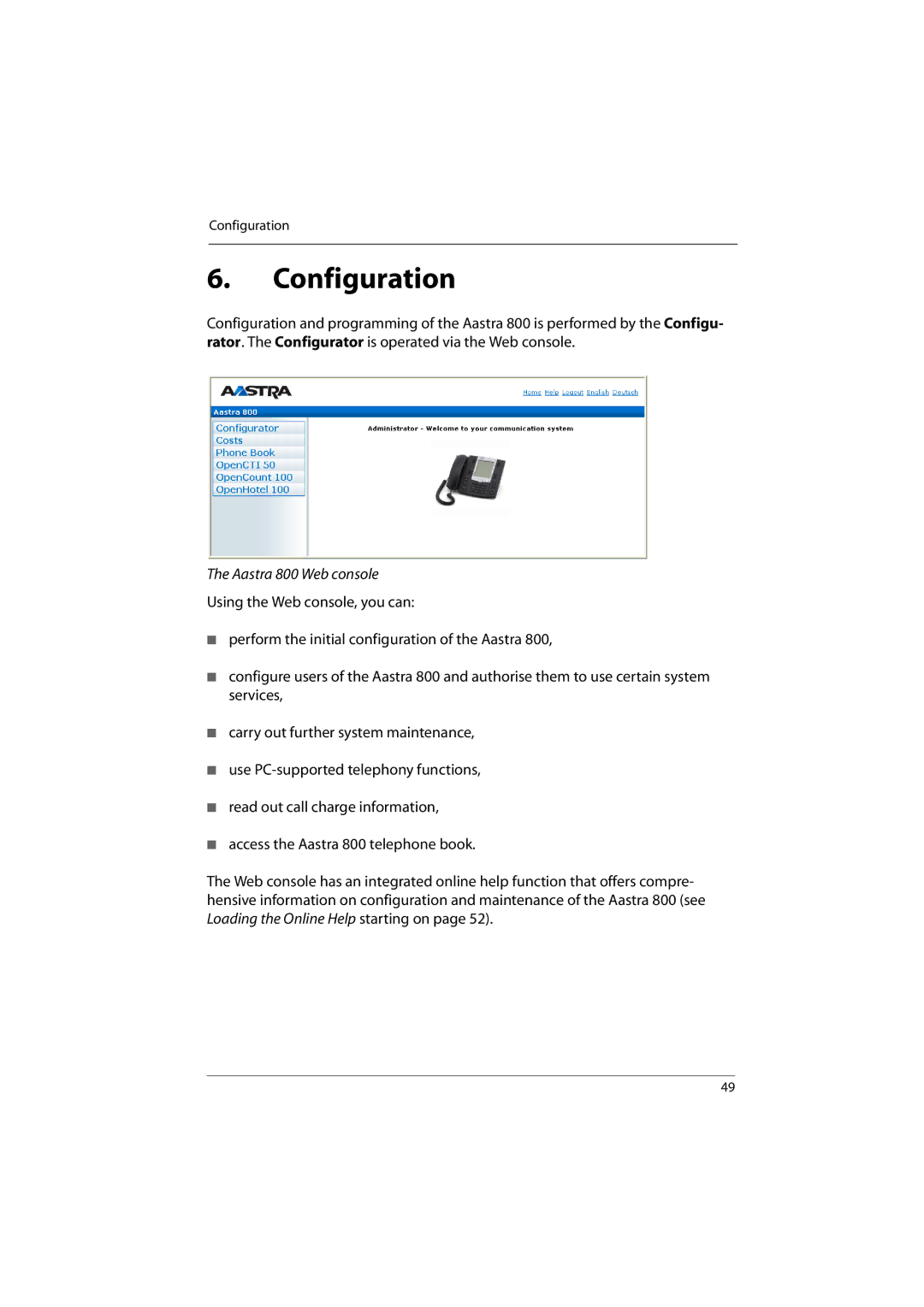 Aastra Telecom manual Configuration, Aastra 800 Web console 