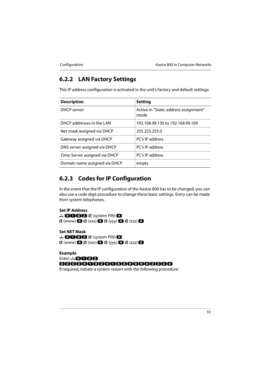 Aastra Telecom 800 manual LAN Factory Settings, Codes for IP Configuration 