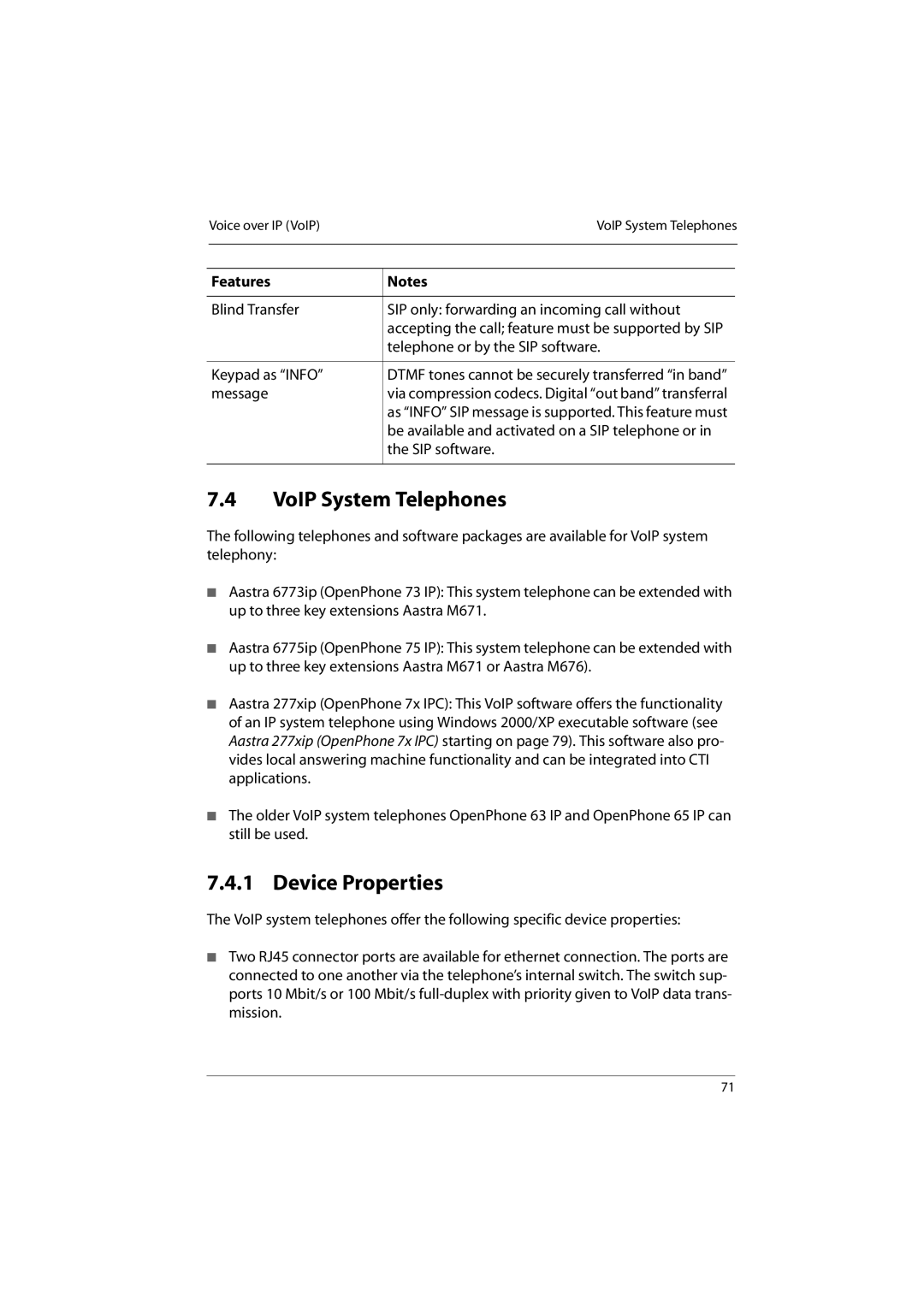 Aastra Telecom 800 manual VoIP System Telephones, Device Properties 