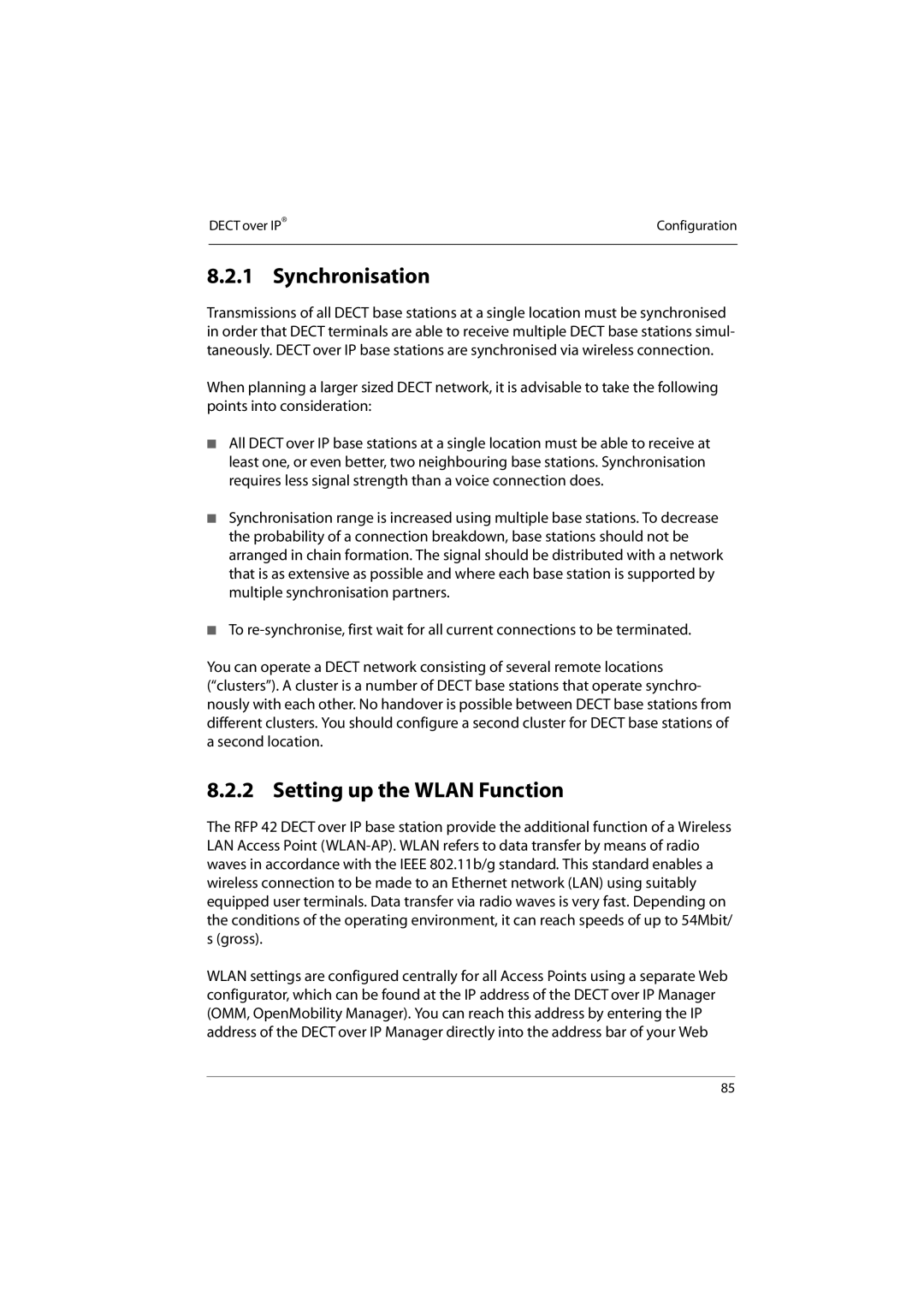 Aastra Telecom 800 manual Synchronisation, Setting up the Wlan Function 