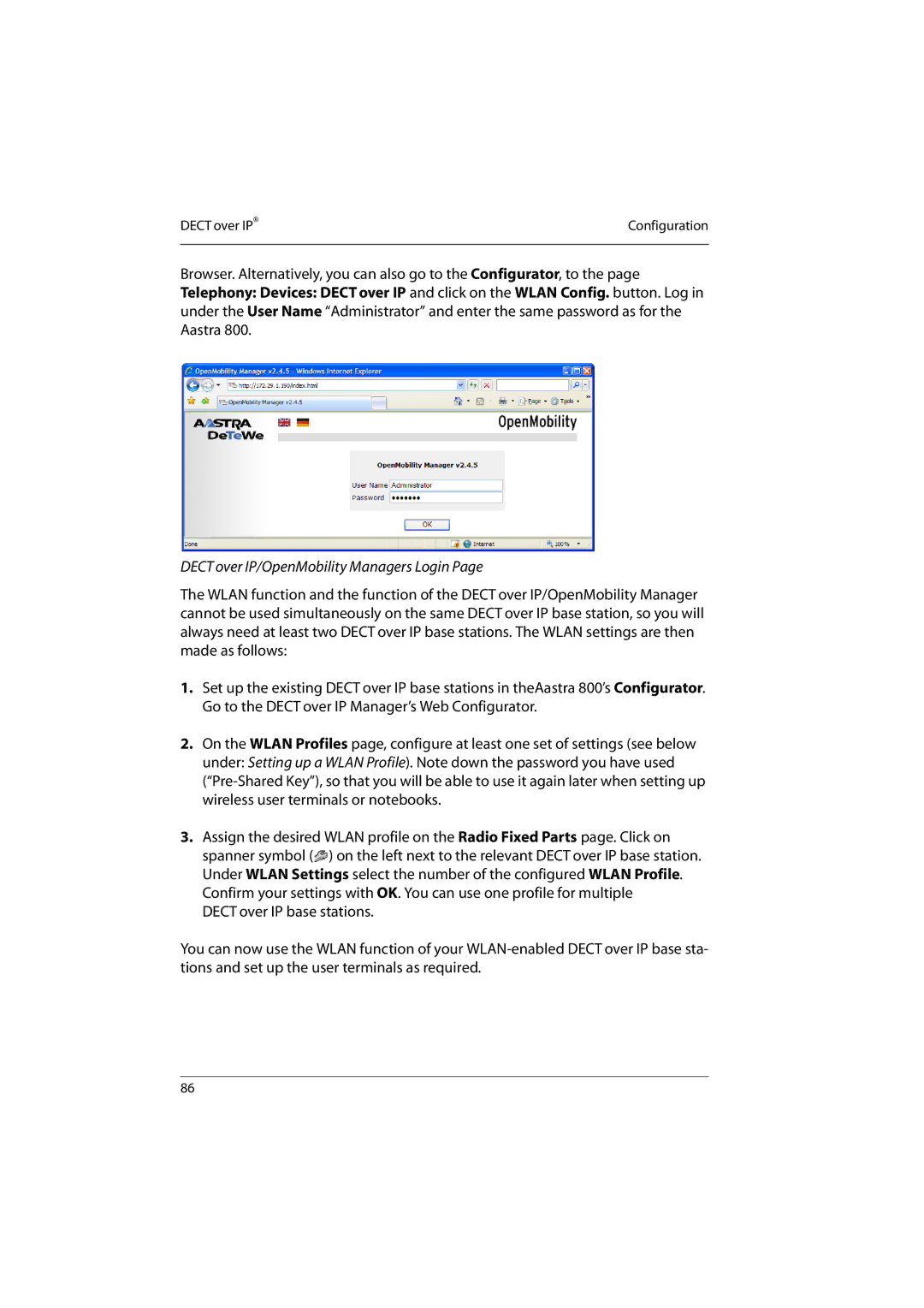 Aastra Telecom 800 manual Dect over IP/OpenMobility Managers Login 